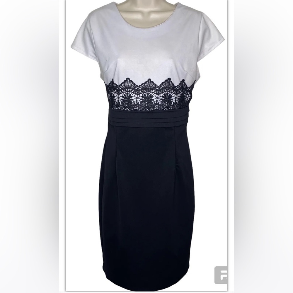 Juniors Sleeveless Sheath Dress S White Black Lace Detail Short Sleeves Knee